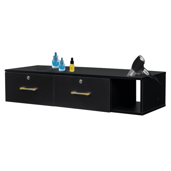 Hassch Floating Storage Cabinet with 2 Drawers, Wall Mounted Salon Cabinet with Lock, Open Shelf and Tool Holder for Bathroom, Barbershop, Bedside Table for Bedroom, Black