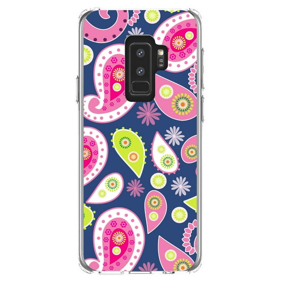 DistinctInk Clear Shockproof Hybrid Case for Samsung Galaxy S9  PLUS (6.2" Screen) - TPU Bumper, Acrylic Back, Tempered Glass Screen Protector - Pink Green Navy Paisley