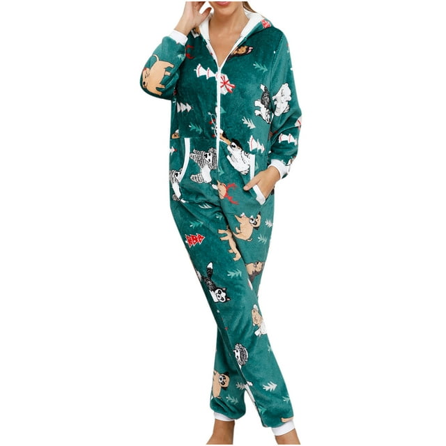 Mono sin orejas con capucha y cremallera de manga larga de Navidad para mujer para ropa de dormir para el hogar Fridja hfkajh102457