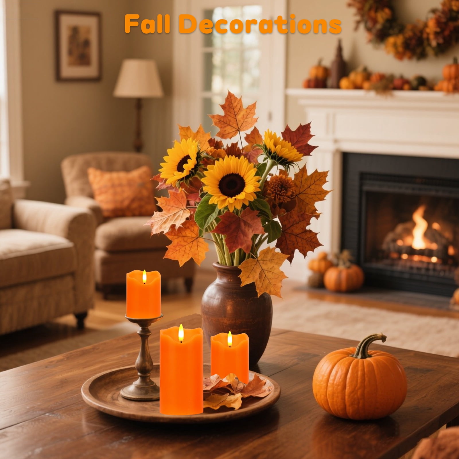 Flameless Candles Lights, Set of 3 Orange Flickering LED Candles with Remote & Timer, Dimmable LED Pillar Candles Battery Operated, Electric Candles for Fall Halloween Thanksgiving Decor