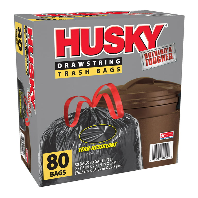 Husky Large Trash Bags, 30 Gallon, 80 Black Bags (Unscented,  Tear-Resistant, Drawstring) 