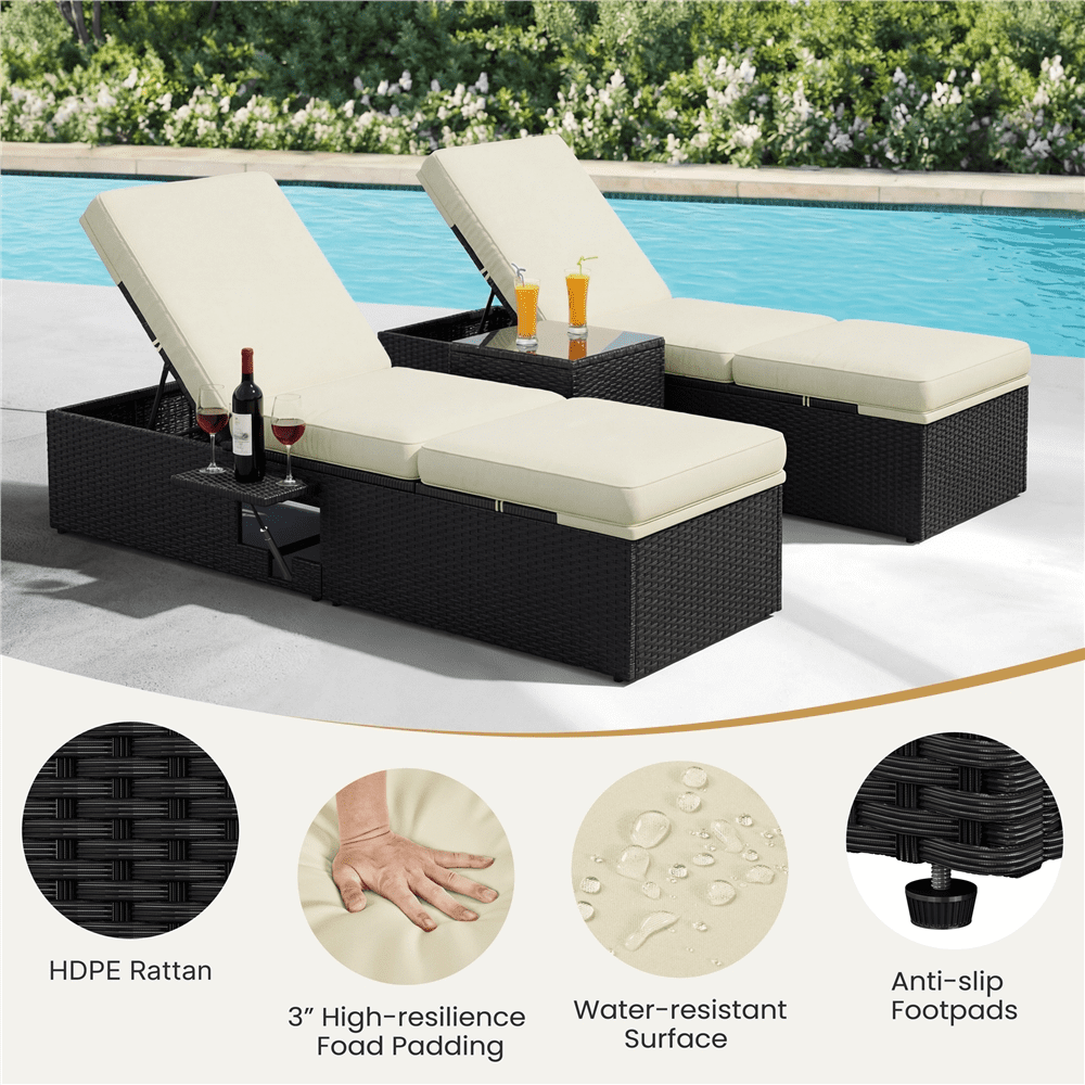 Renwick Patio Reclining Chaise Lounge with Adjustable Backrest, Black/Beige
