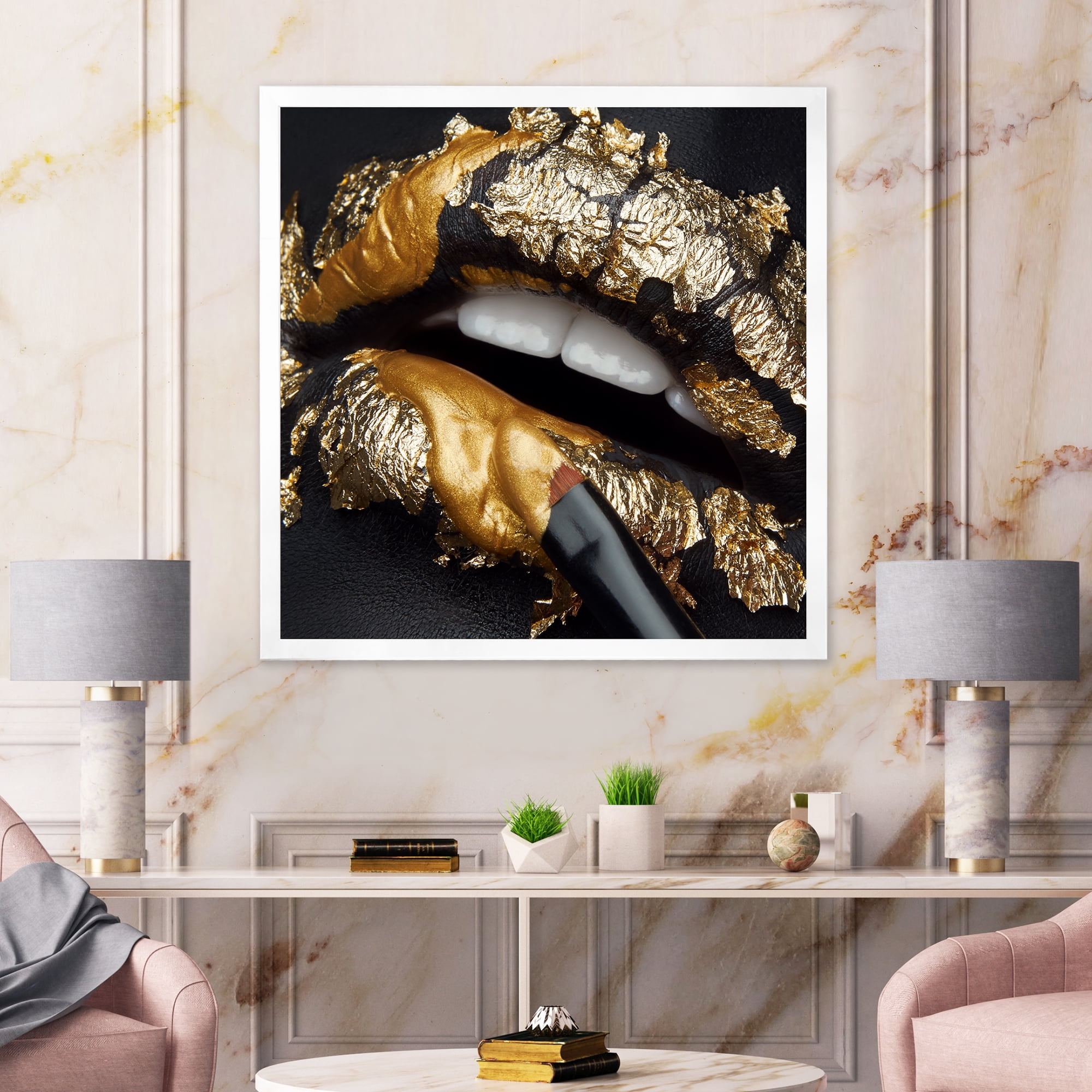 Designart 'Female Lips With Black Leather and Gold Foil' Modern Framed Art Print