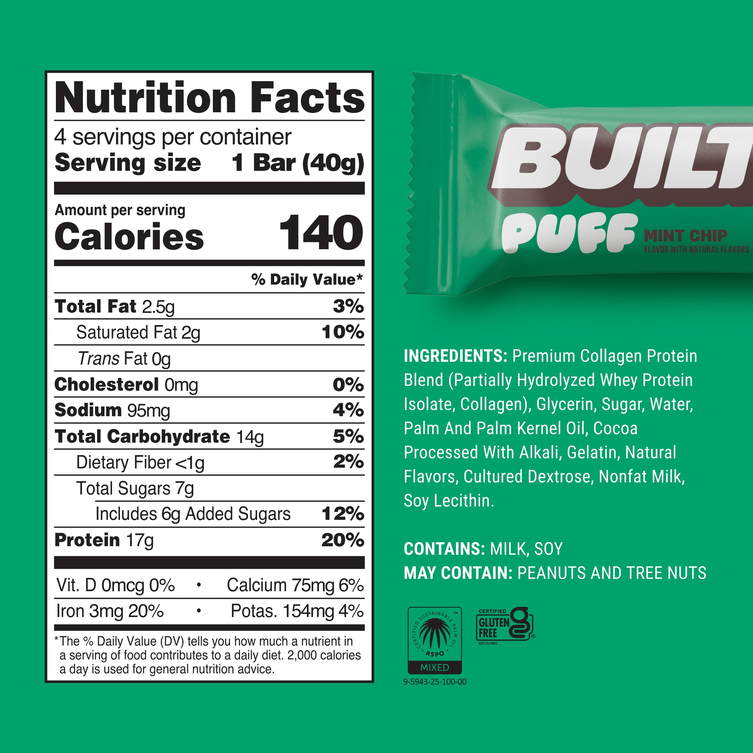 BUILT Bar, Puff Protein Bar, Mint Chip, 17g Protein, Collagen, 140 Calories, 4 Count Box, 1.41 oz Bars