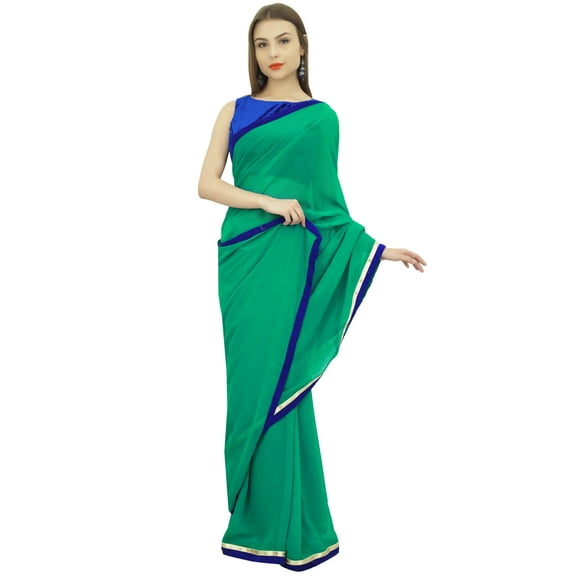 Atasi Women Georgette Saree Solid Sea Green Casual Sari With Unstitched Blouse Piece