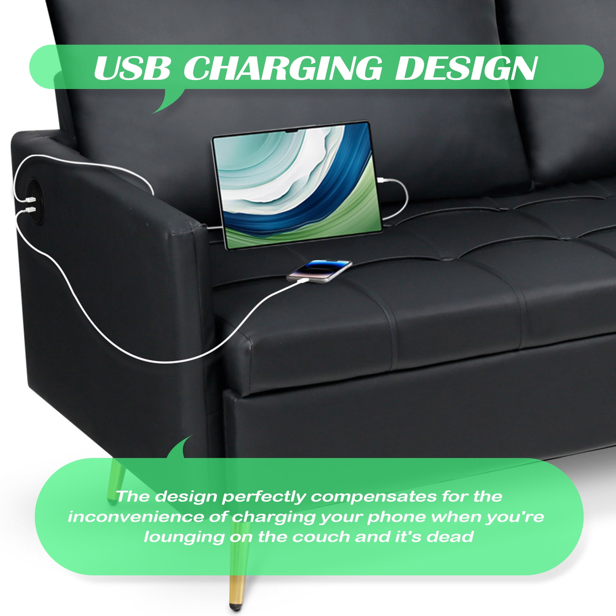 Coewske 60'' W Faux Leather Loveseat Sofa Couch w/ Storage Space & 2 USB Charging Ports Black