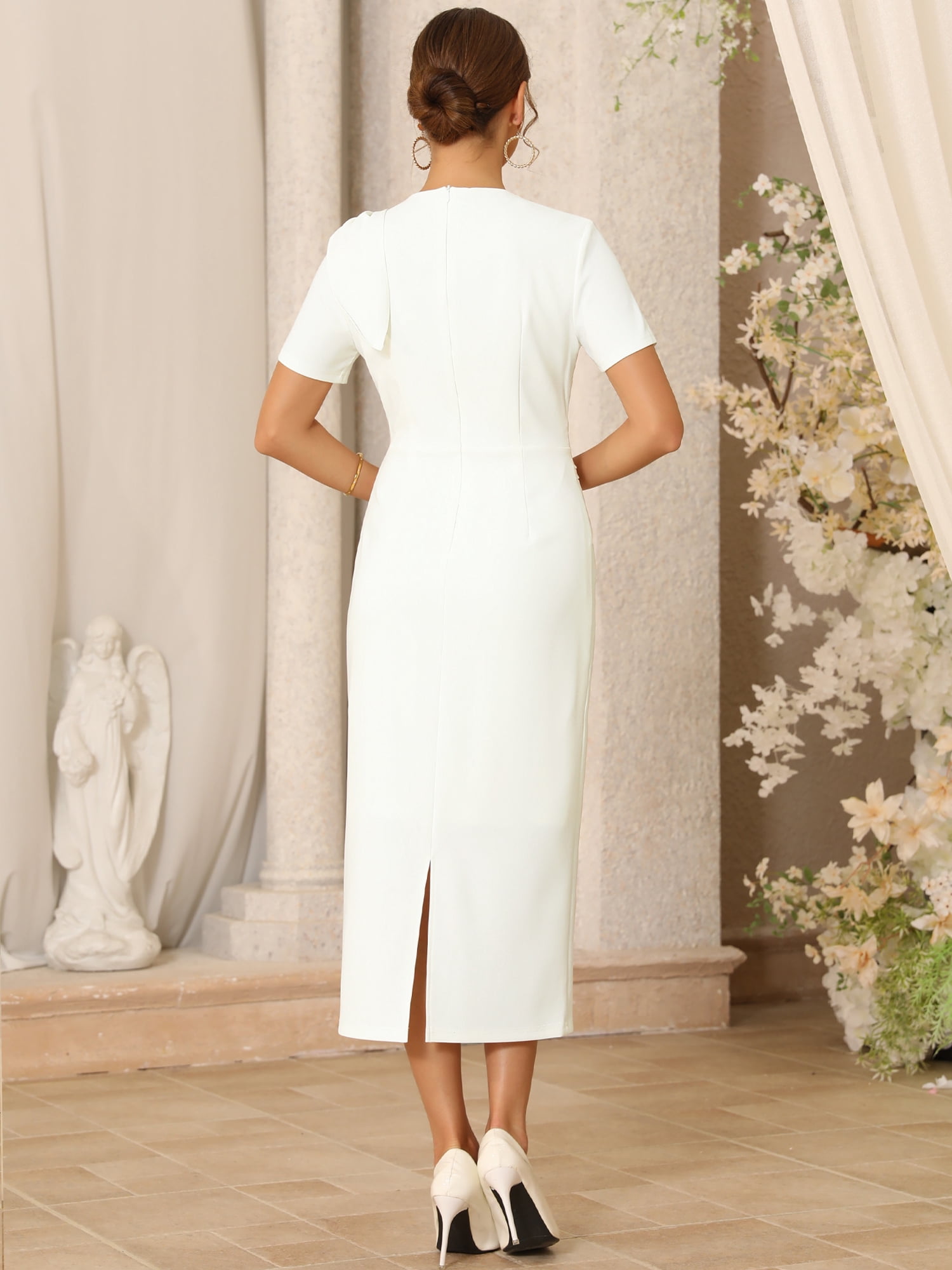 DARING DIVA Women's Crewneck Short Sleeve Pleated Waist Sheath Dresses 2XL White