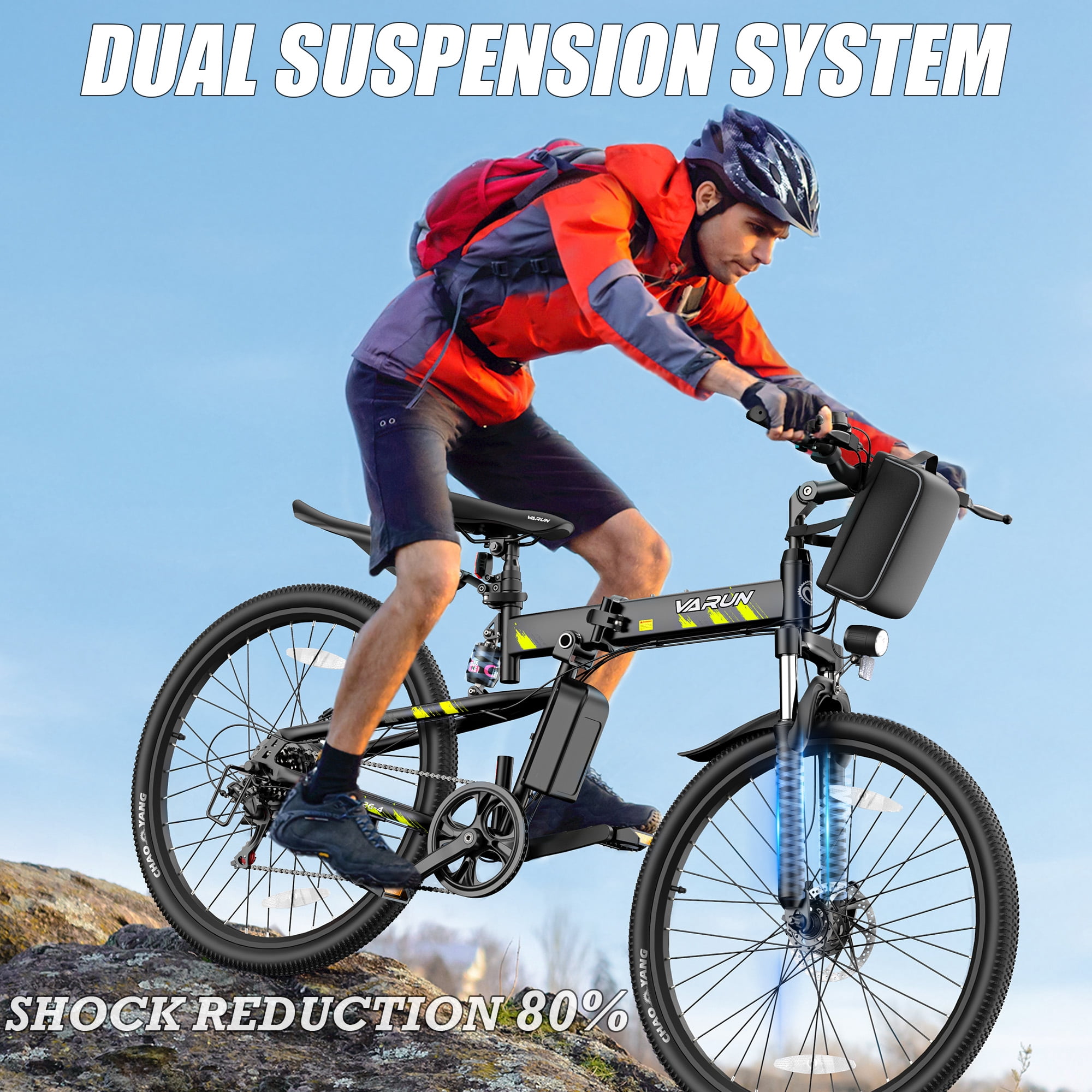 VARUN Electric Bike, 26" Foldable EBike for Outdoor Riding, Peak 750W Motor, 48V 374.4Wh Removable Battery, Up to 20+ mph and 50 Miles, 7-Speed Gears, Full Suspension, E Bike for Adults, UL2849