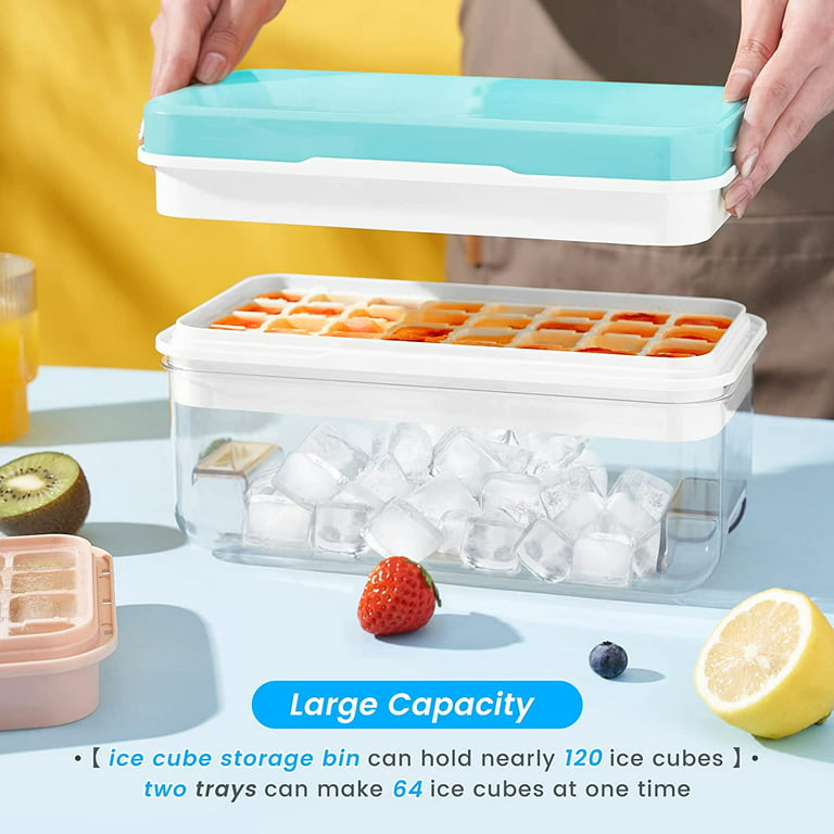 Ice Tray Ice Cube Tray with Lid, Mold and Bin - 64 Ice Cube Molds & Trays,  Ice trays for freezer with bin, ice tray with storage bin, ice maker tray