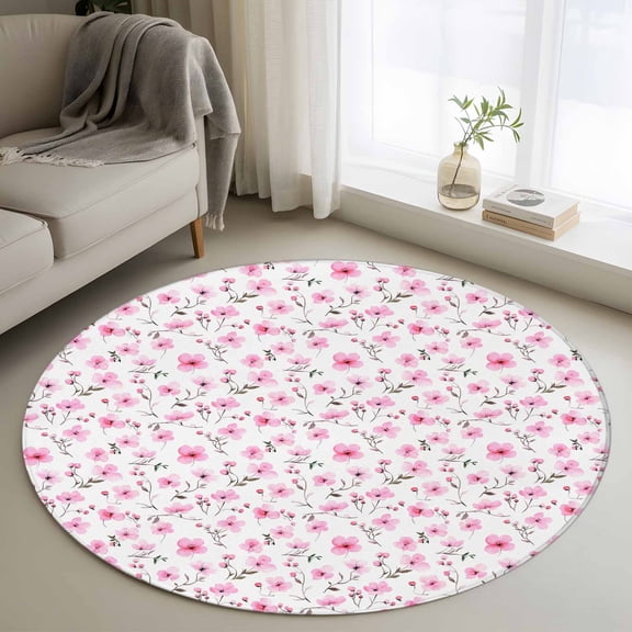 Pink Spring Floral Round Area Rug 4 FT, Non Slip Indoor Outdoor Rug, Summer Botanical Elegant Washable Soft Circular Carpet Non-Shedding Floor Mat for Coffee Table Nursery Foyer Balcony