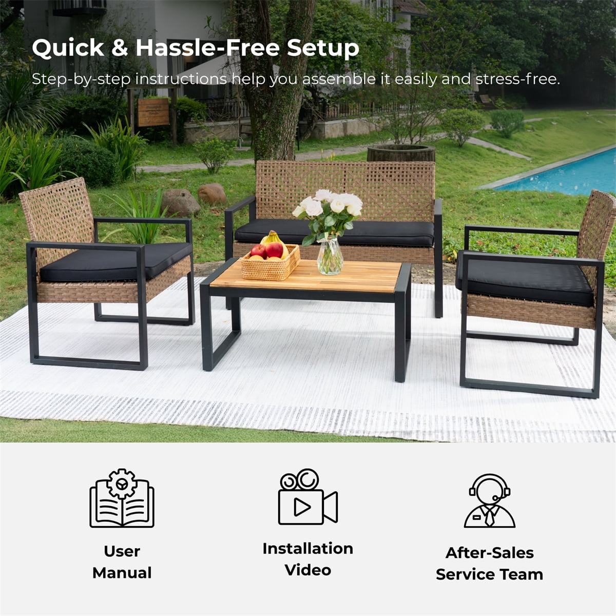 YIORTWO 4-Piece Patio Furniture Set, Outdoor Wicker Conversation Set with Acacia Wood Coffee Table and Beige Cushions, Light Brown