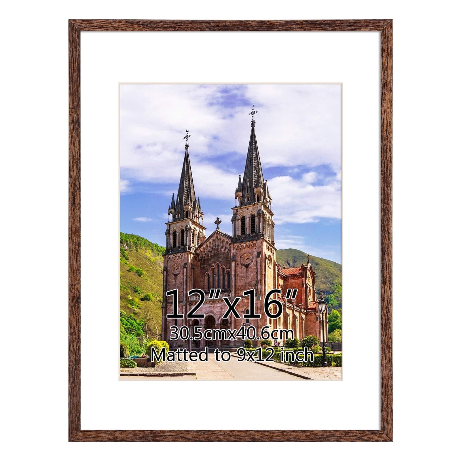 9x12 Picture Frame with Mat, 12x16 Photo Frame without Mat for Wall Mount or Tabletop, Brown