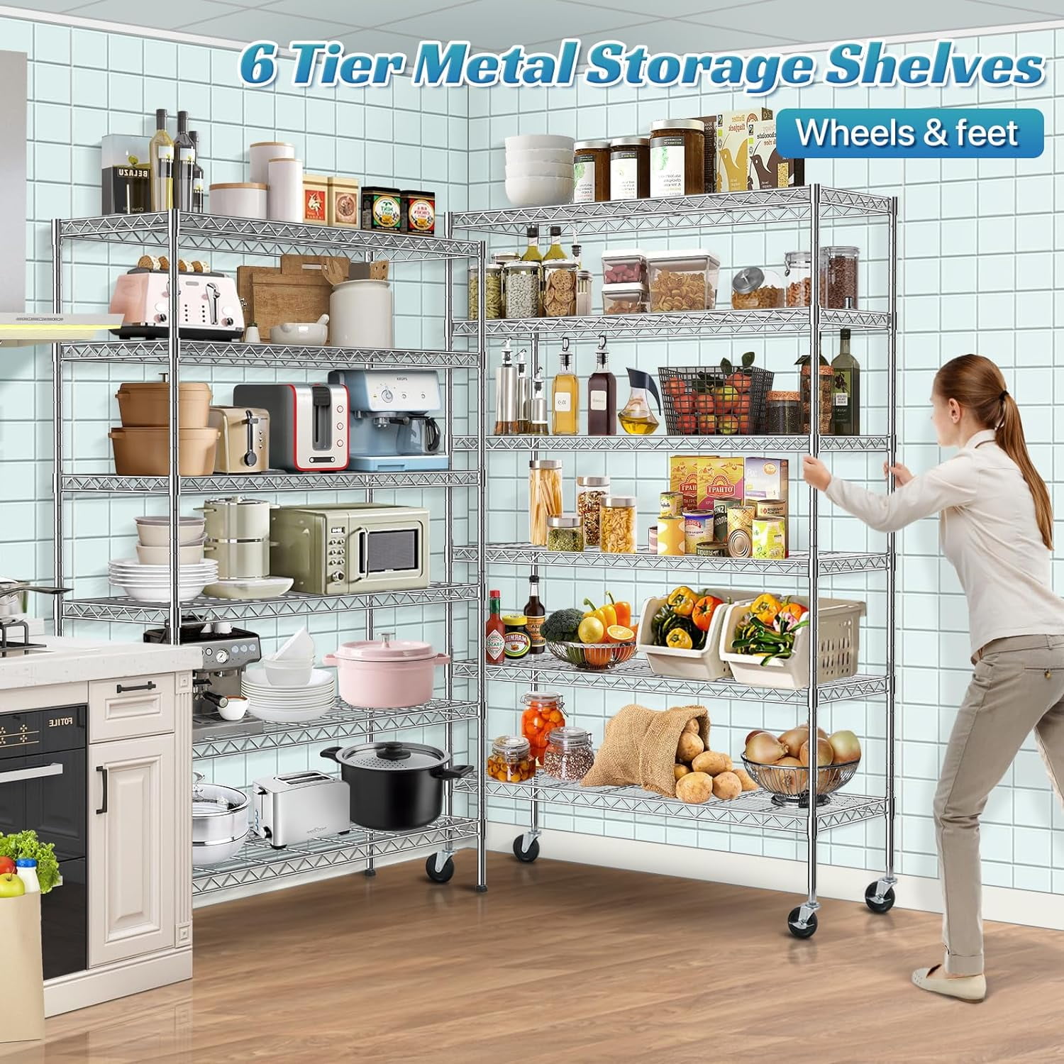 6 Tier Wire Shelving Storage Shelf Shelves Unit, Capacity 2100lbs Adjustable Rolling Metal Racks with Wheels, Metro Heavy Duty for Garage, 45" D x 18" W x 82" H, Chrome