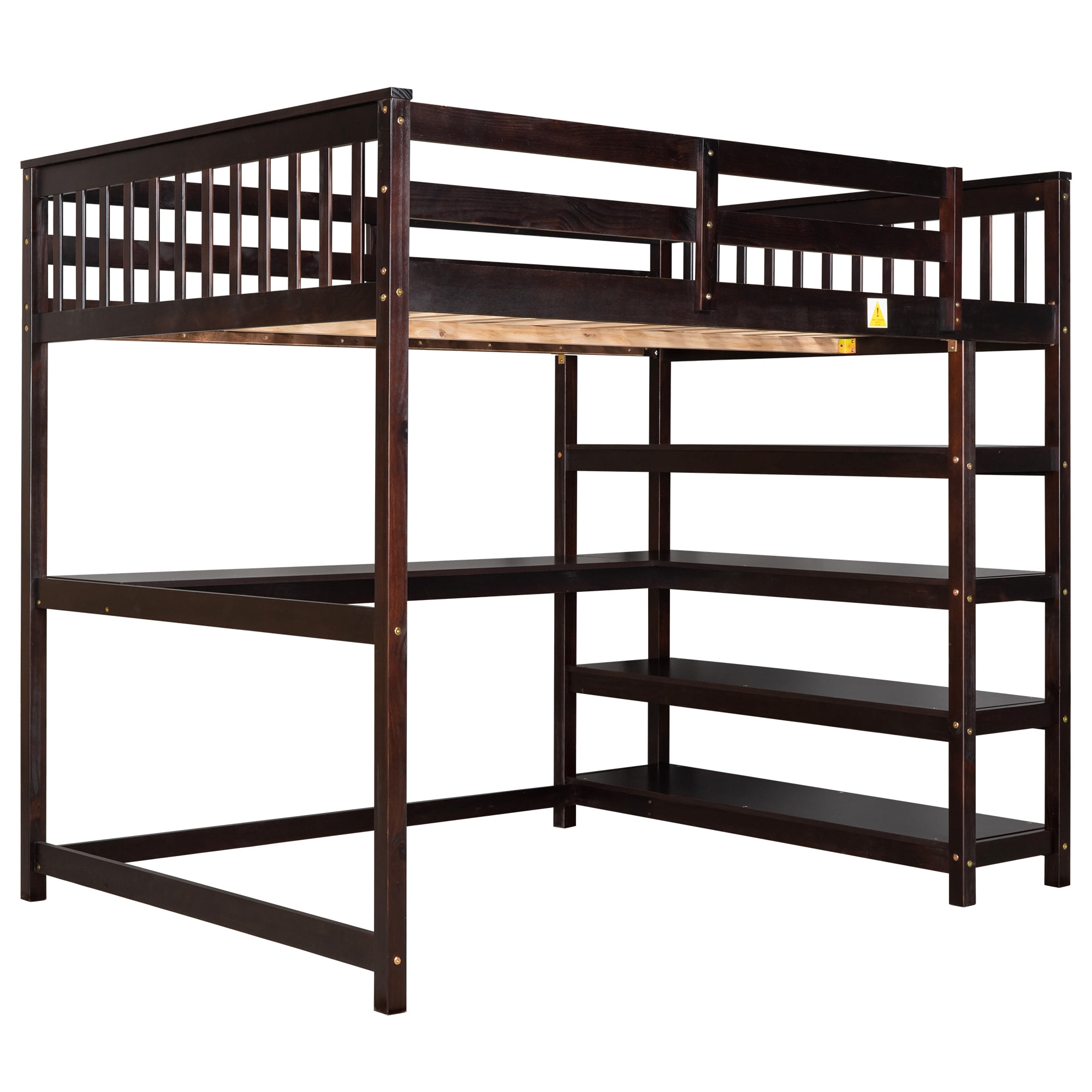 Euroco Solid Wood Full Size Loft Bed with Desk and 4-Tier Storage Shelves for Kids Teens Adult Bedrrom, Espresso