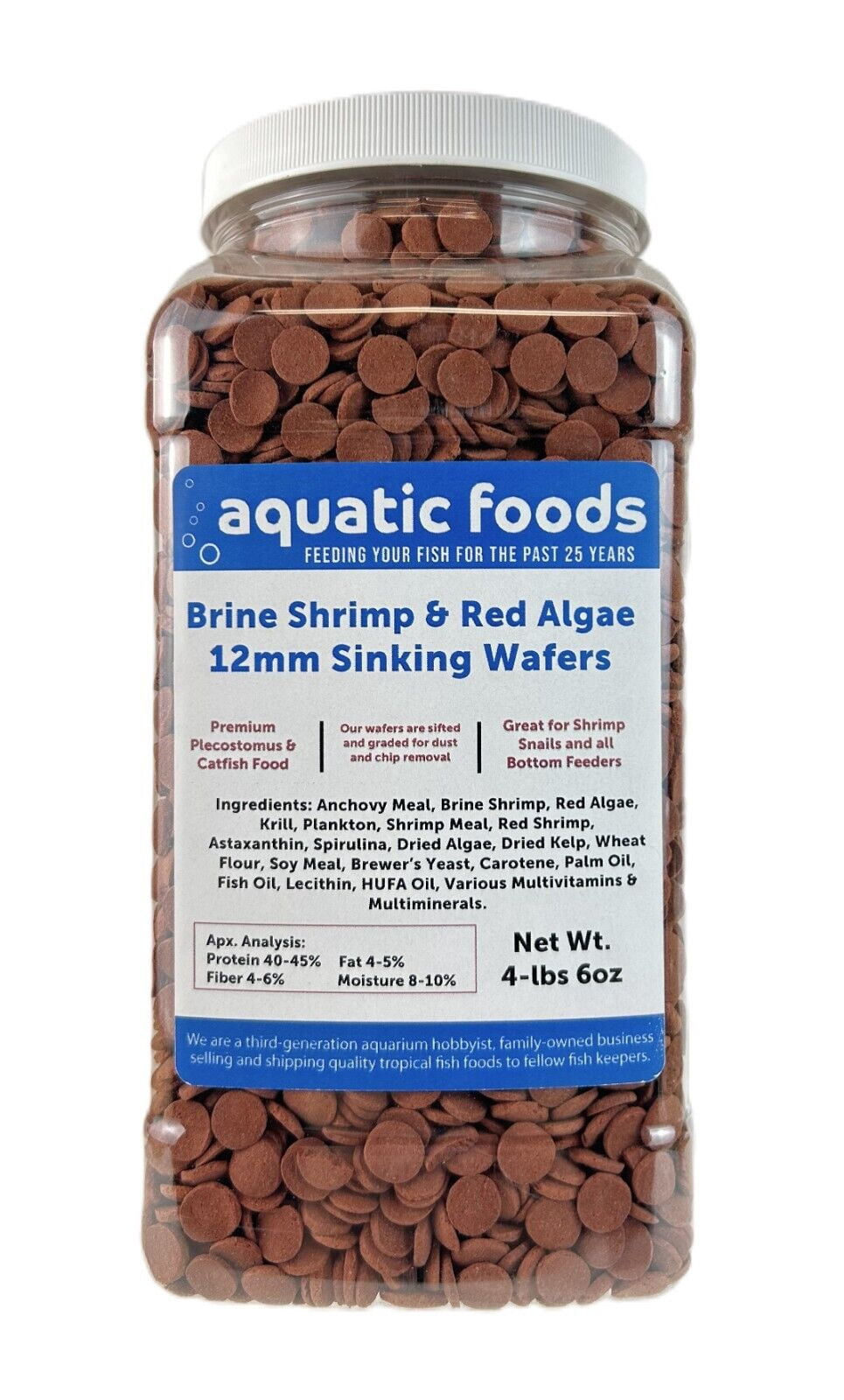 12mm - 1/2" Brine Shrimp & Red Algae Color Enhancing Sinking Wafers for Shrimp, Snails, Crabs, Plecos, Catfish, All Fish - WL 4-lbs 6oz Lg Jar