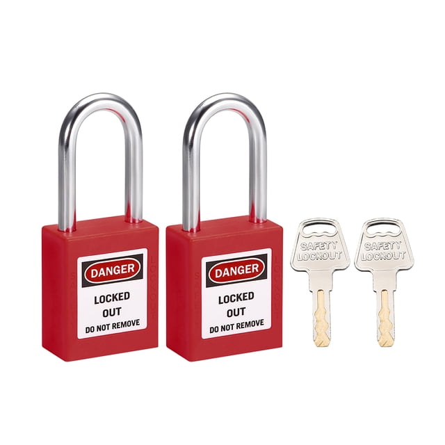 Candados de bloqueo y etiquetado con grillete de 1-1/2 pulgadas, llave igual, candado de seguridad de plástico rojo, 2 pcs