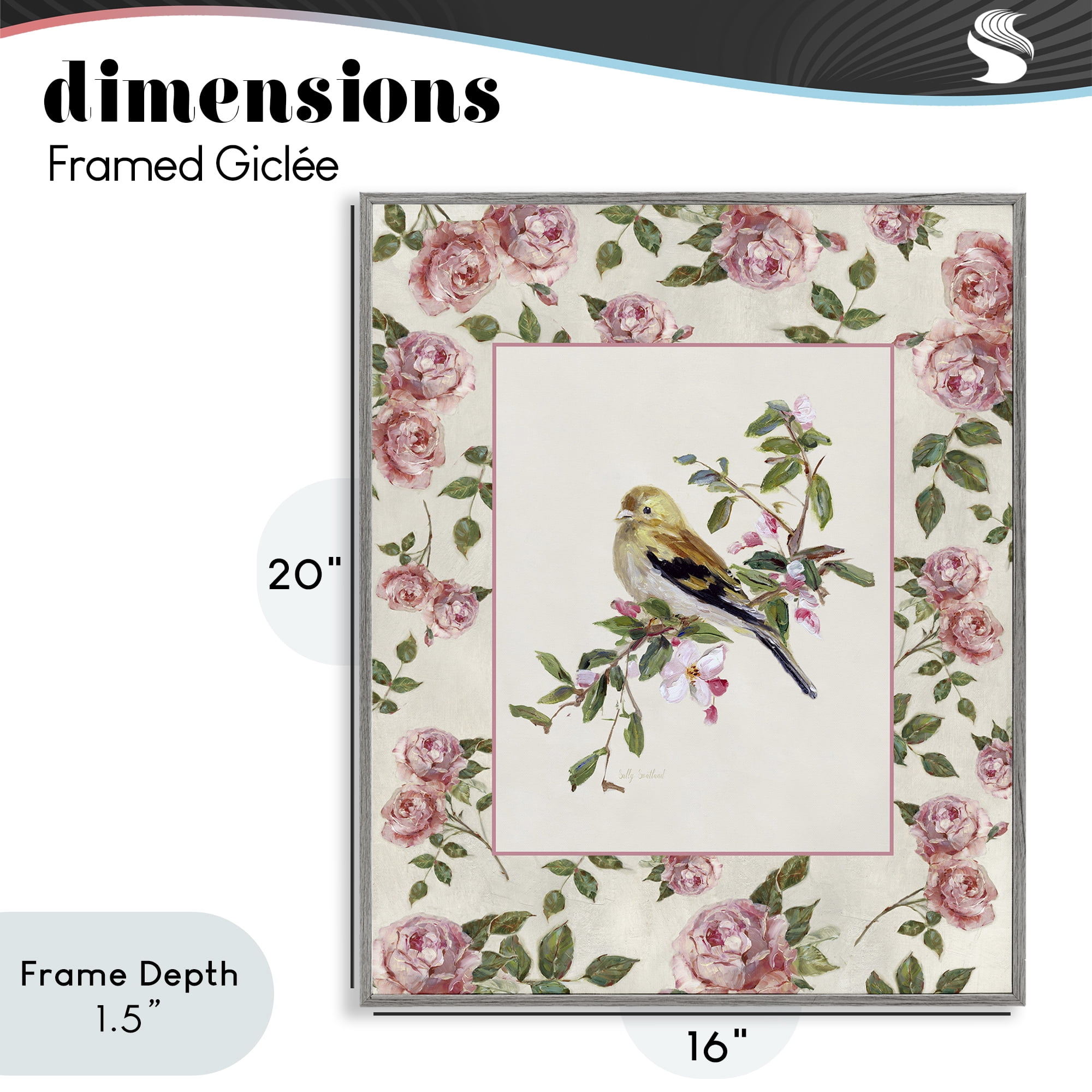 Stupell Industries Perched Bird with Dainty Roses Gray Framed Giclee Art, design by Sally Swatland