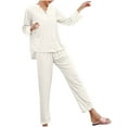 thumbnail image 2 of Women's Cotton Long-Sleeve Shirt and Full-Length Bottom Pajama Set Women V-neck Solid Color Lace Tie Buckle Pocket Long Sleeves Tops Elastic Waist Trousers Pajama Set ,White,XL, 2 of 5