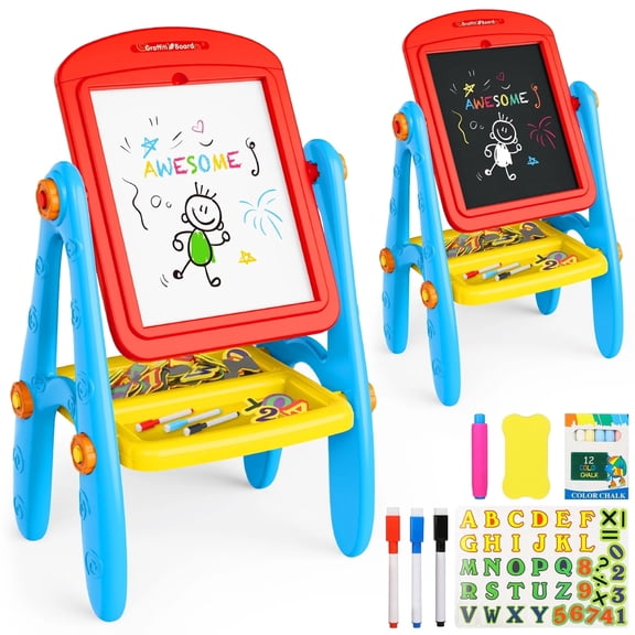Freecat Easel for Kids, Double Sided Toddlers Art Easel with Magnetic White Board & Chalk Blackboard, Christmas Birthday Gift for Boys and Girls Age 2 3 4 5 6