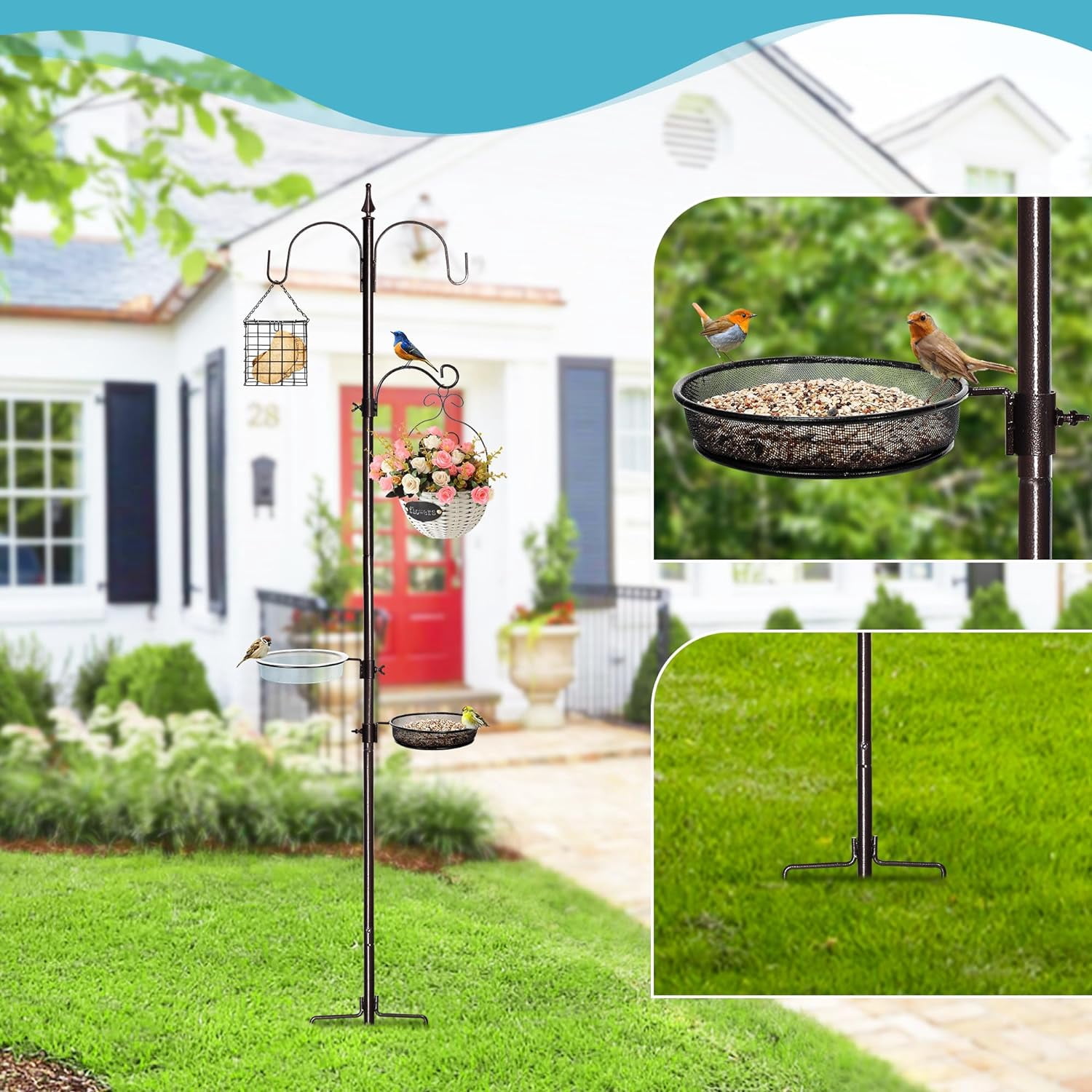 6-Hook Bird Feeding Station Kit Wild Bird Feeder Stand Pole, Multi-Feeder Hanging Kit Stand with Water Bowl
