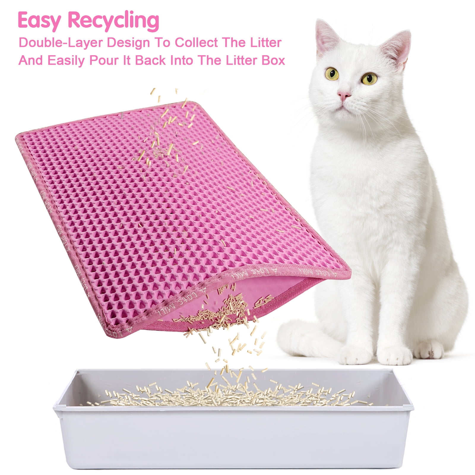 Cat Litter Mat, Kitty Litter Trapping Mat, Double Layer Mats with MiLi Shape Scratching design, Urine Waterproof, Easy Clean, Scatter Control 21" x 14" Pink