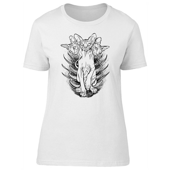 Three Headed Cat Hand Drawn T-Shirt Women -Image by Shutterstock, Female Small