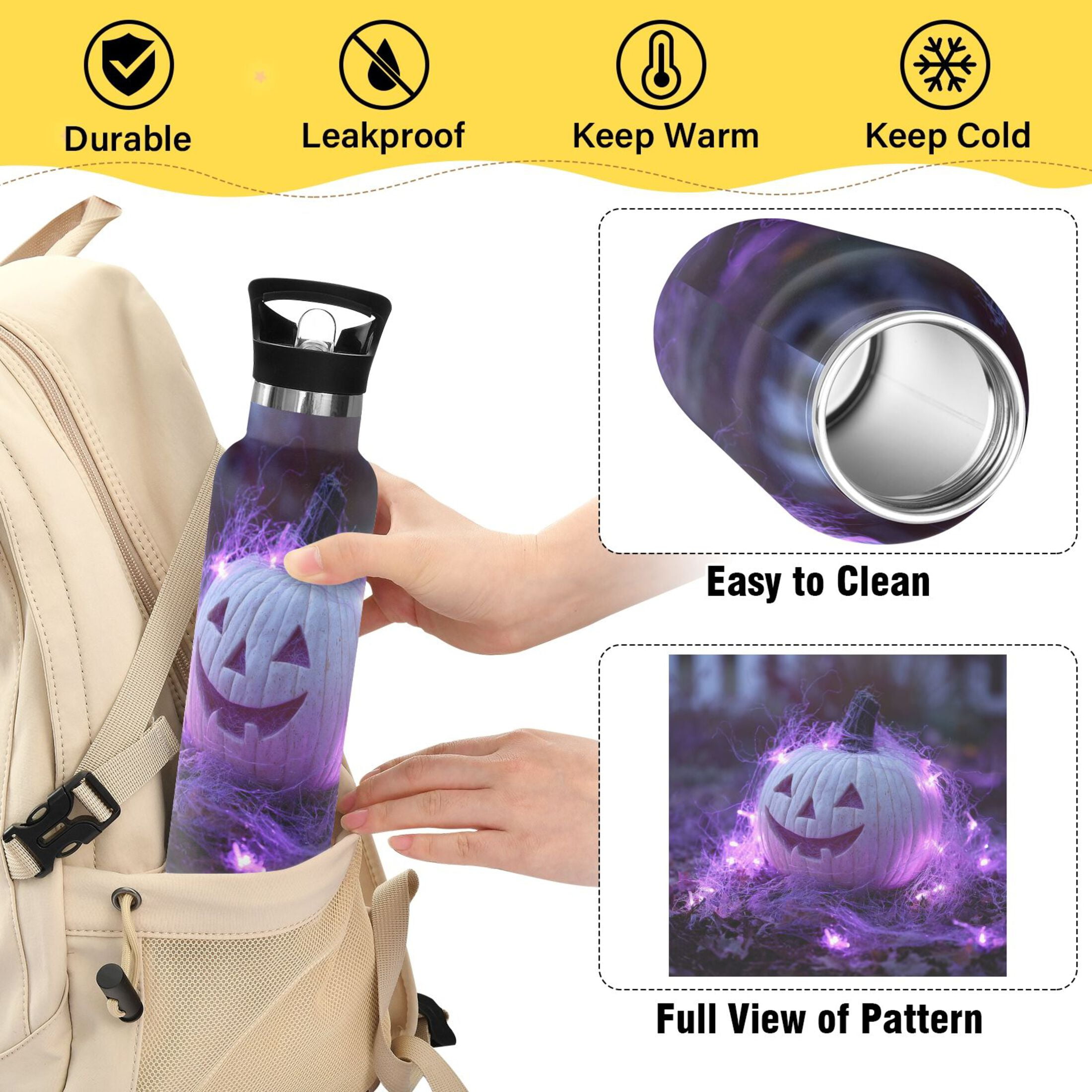 Kids Insulated Stainless Steel Sports Water Bottle 600ml (20oz) White Pumpkin