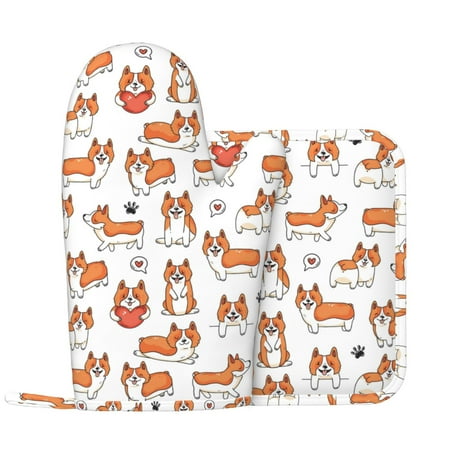 

Cartoon Cute Corgi Dog Funny Love Oven Mitts and Pot Holders Sets with 1 Non-Slip Left Silicone Oven Mitts and 1 Heatproof Insulated Hot Pads for Kitchen Use in Cooking Baking Grilling