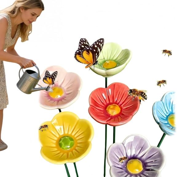 6 Pack Handmade Ceramic Bee Watering Station, Colorful Flower Water Cups for Bees & Butterflies, Pollinator Feeder Stakes, Mini Bird Bath Garden Decor