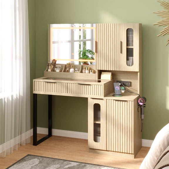 EROMMY 46.5" Makeup Vanity Desk with LED Lights and Large Mirror, Fluted Vanity Desk with 2 Drawers & 4 Storage Cabinets, Dressing Table with Glass Top and Charging Station for Bedroom Gift (Natural)