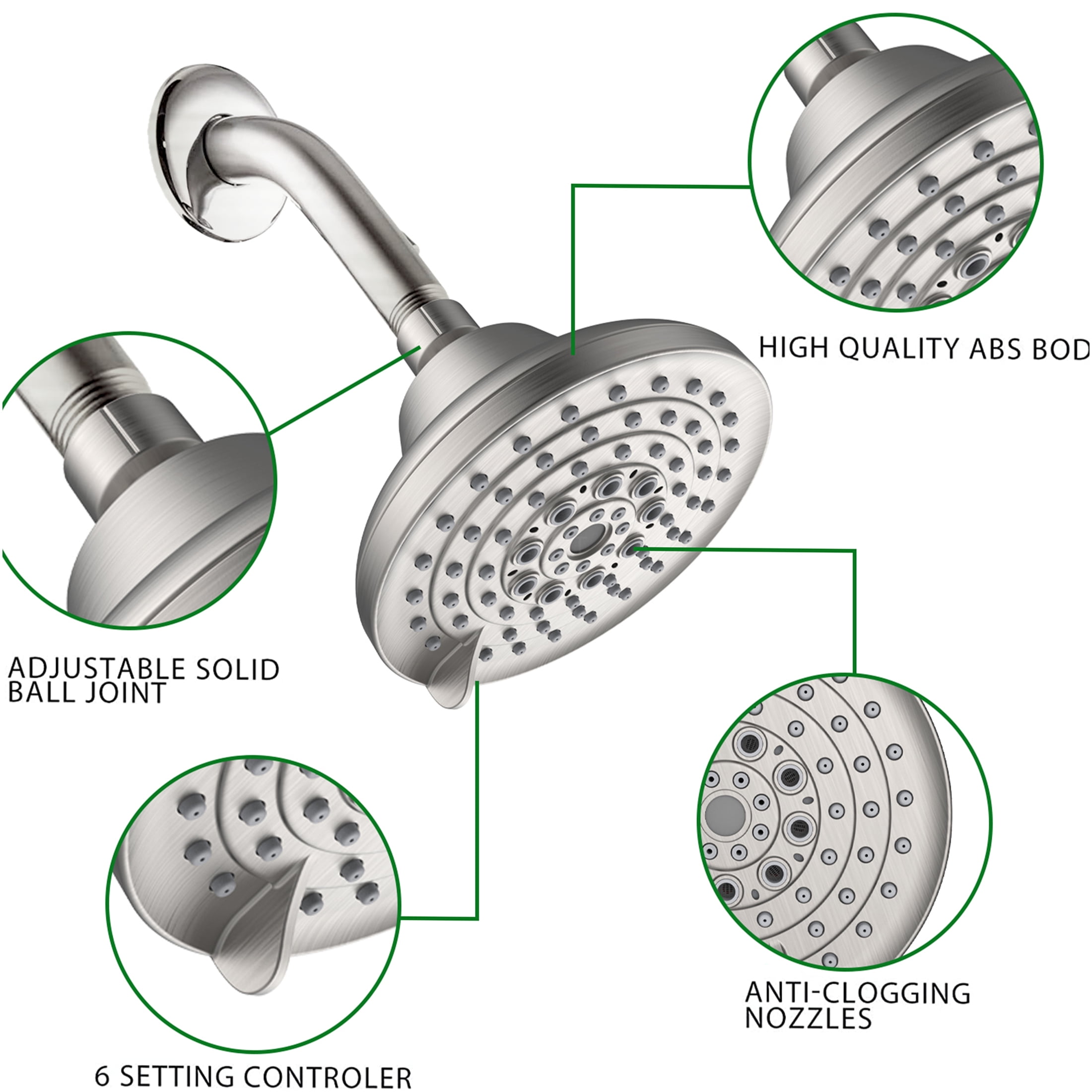 JERFIT 5 Inch High Pressure Rain Shower Head, 6-Spray Adjustable Fixed Showerhead with Anti-Clog Nozzles, Brushed Nickel, Easy Install, Low Flow
