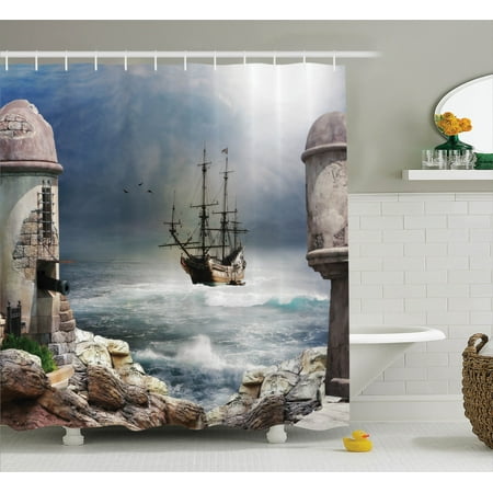 Shop Shower Curtain Sailboat Decor Shower Curtain Set, A Pirate Merchant Ship Anchored In The Bay Of A Fort Abandoned Rocks At Shore, Bathroom Accessories, 69W X 70L Inches, By Ambesonne ()