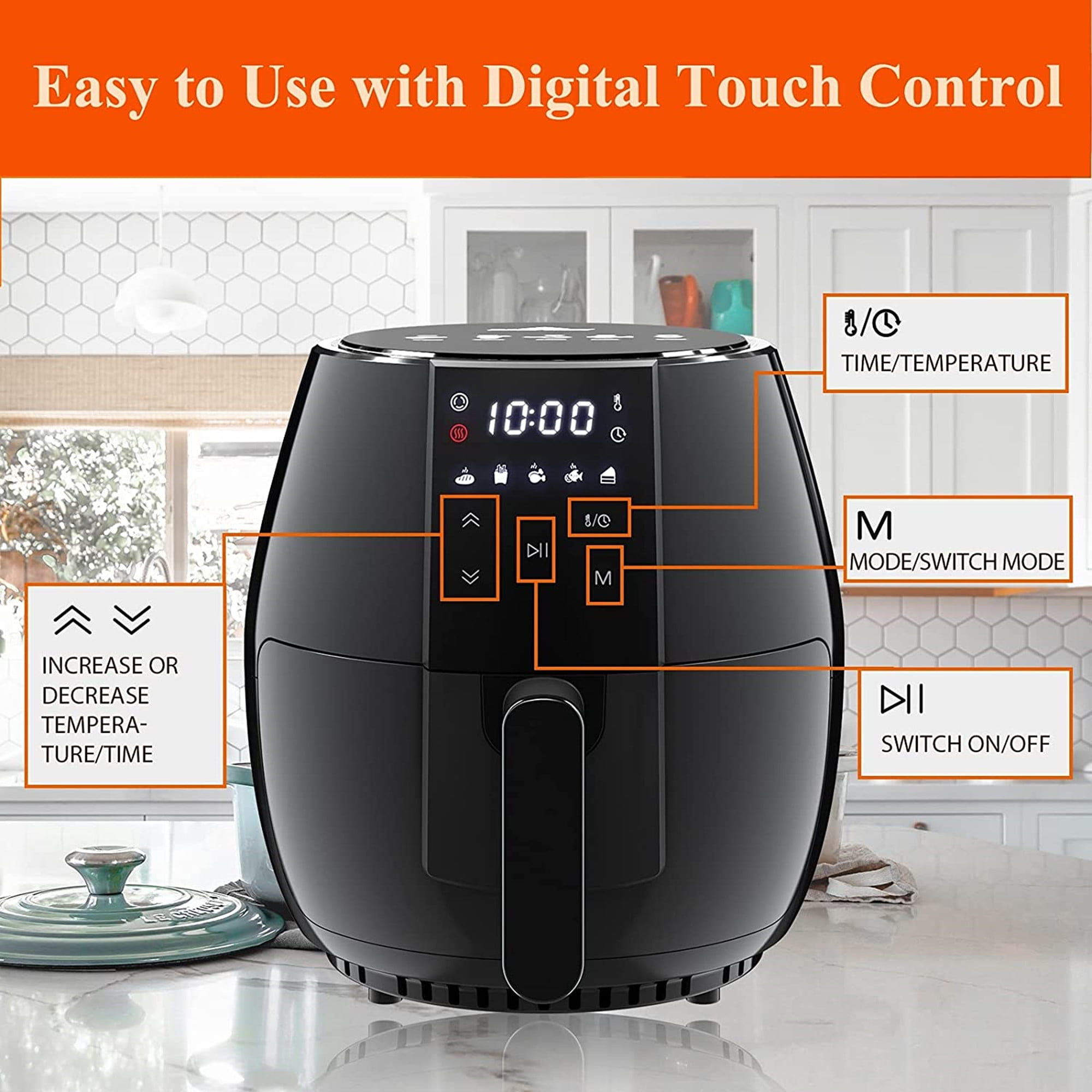 Sanptent 5.8 Quart Air Fryer, Electric Hot Oven Oilless Multifunctional Cooker with Digital LED Touchscreen, Auto Shut-off, ETL Certified, Best Present Gift (Black)
