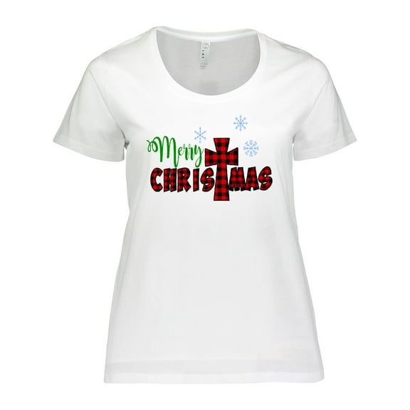 Inktastic Merry Christmas Buffalo Plaid Cross with Snowflakes Women's Plus Size T-Shirt