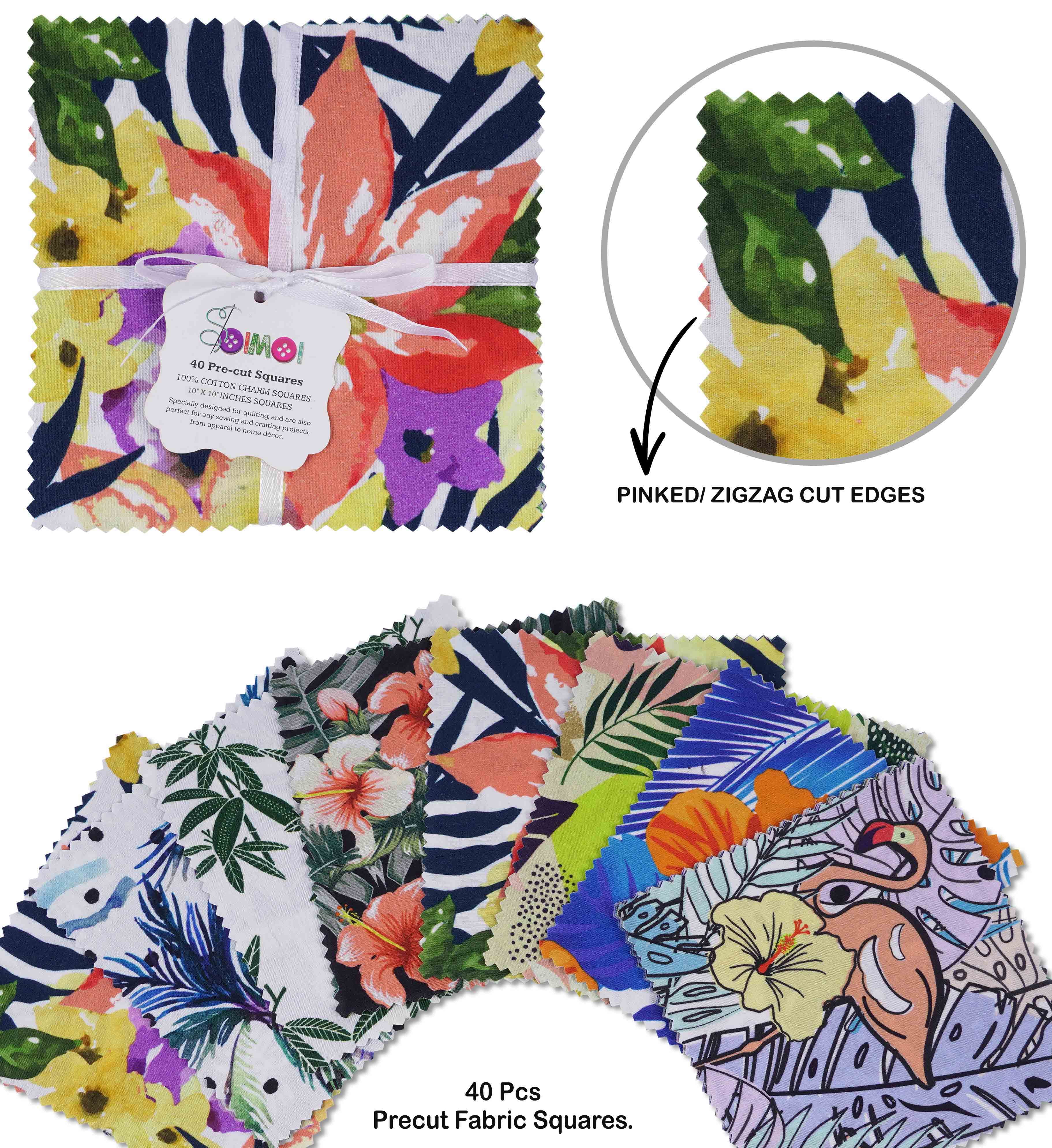 Soimoi Precut 10-inch Tropical Prints Cotton Fabric Bundle Quilting Squares Charm Pack DIY Patchwork Sewing Craft- Multicolor-JK