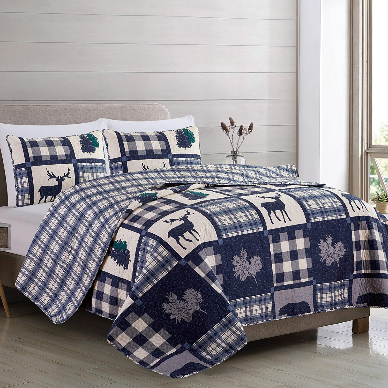 Blue Plaid Bear, Deer, Forest Trees Mountain Cabin Lodge Country Home Full/Queen Quilt (3 Piece