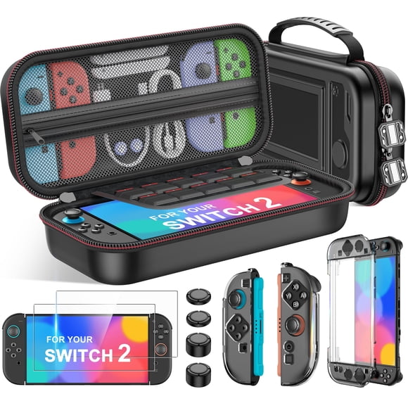 Estuche para Nintendo Switch 2 (2025)/Switch/OLED, kit 4 en 1, 3 protectores de pantalla transparentes, tapas para pulgares, juego de accesorios con estuche de transporte.