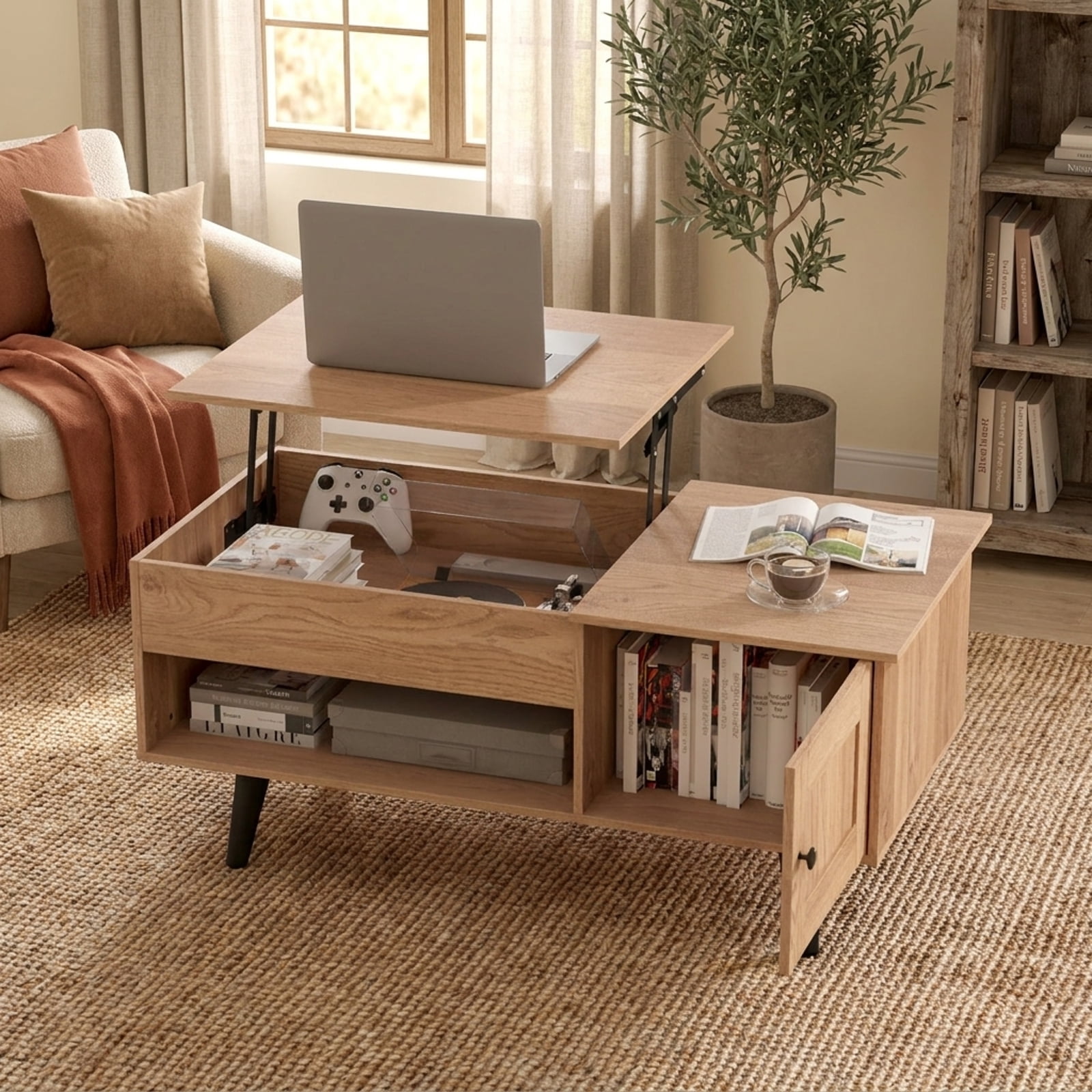 Furnibear Lift Top Coffee Table with Storage and Hidden Compartment - Natural - Living Room Cocktail Center Table