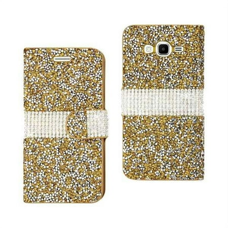 Reiko Bling Diamond Flip Leather Wallet Case for Samsung Galaxy Grand Prime - Gold