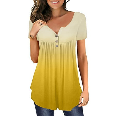 

Fsqjgq Classic Fit Dress Shirt Women Plus Size Gradient Printed V Neck Short Sleeve T Shirts Button Pullover Tank Tops Blouse Scrub Tops Women Print Yellow XXXXXL
