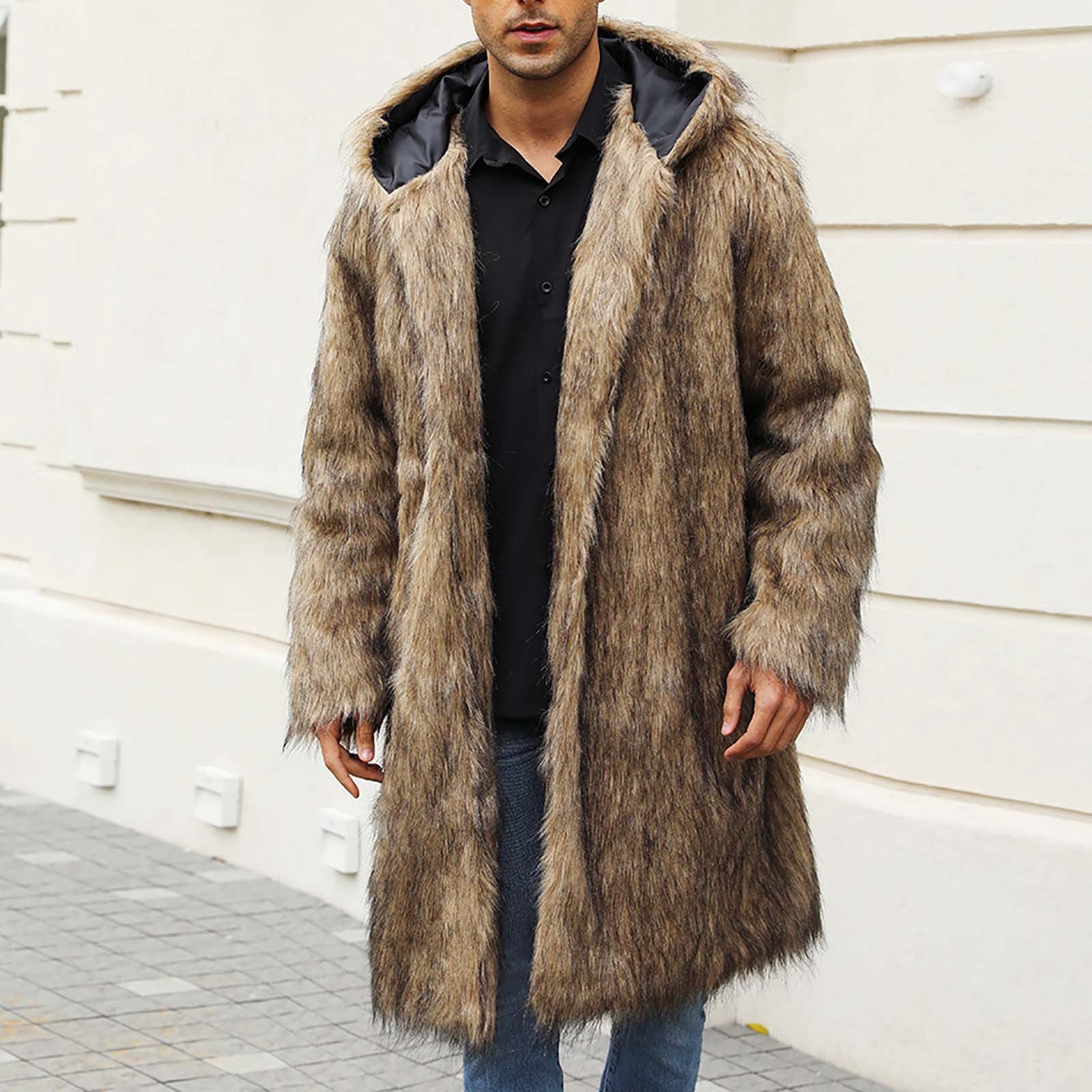 Jjayotai Men's Winter Faux Fur Coat Clearance, Long Sleeve Outwear