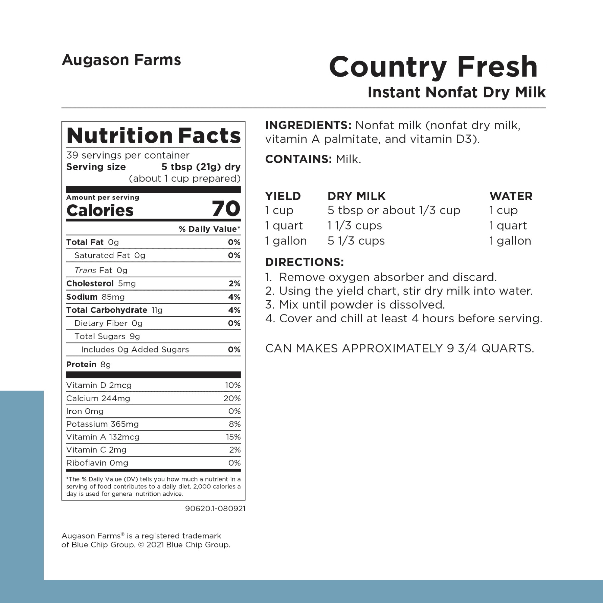 Country Fresh Instant Nonfat Dry Milk Powder, 39 Servings, 20 Year Shelf Life, Gluten Free - Canned Vitamin-Fortified Nonfat Milk Powder for Baking and Emergency Food Supplies