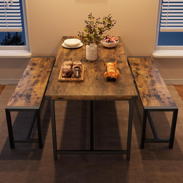 Eastvita 3-Piece Farmhouse Dining Table Set for 4-Upholstered Benches/Space-Saving Rectangular Kitchen Table Set