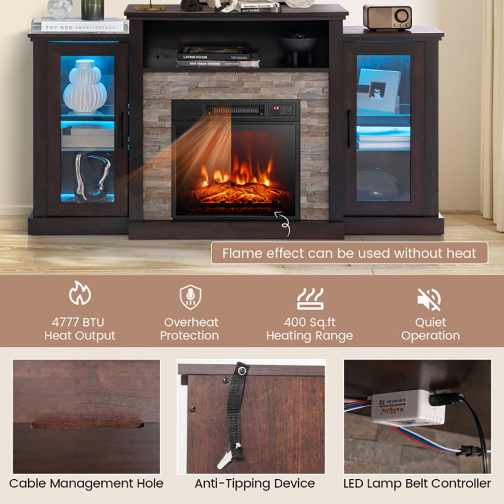 Finihen TV Stand, TV Cabinet, Fireplace TV Stand with 16-Color Led Lights for TVs up to 65 Inch, for Living Room, Bedroom, Dark Brown