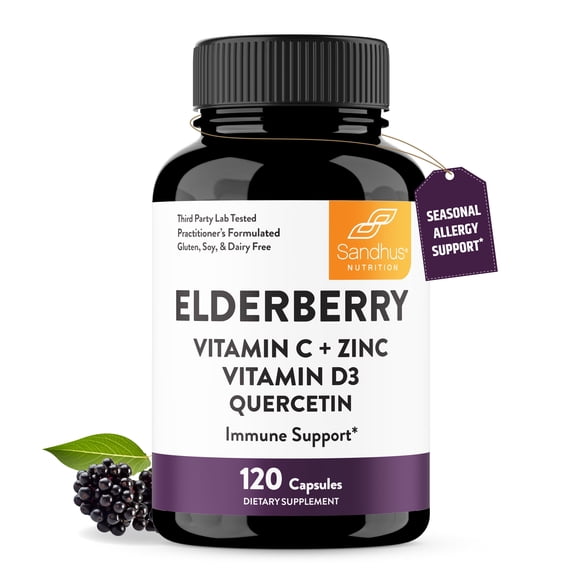 Elderberry Vitamin C and Zinc Capsules for Adults | 120 Count with Quercetin & Vitamin D3 | 6-in-1 Immune Support Supplement Pills | Sambucus Black Elderberry Natural Immunity Vitamins | Made in USA