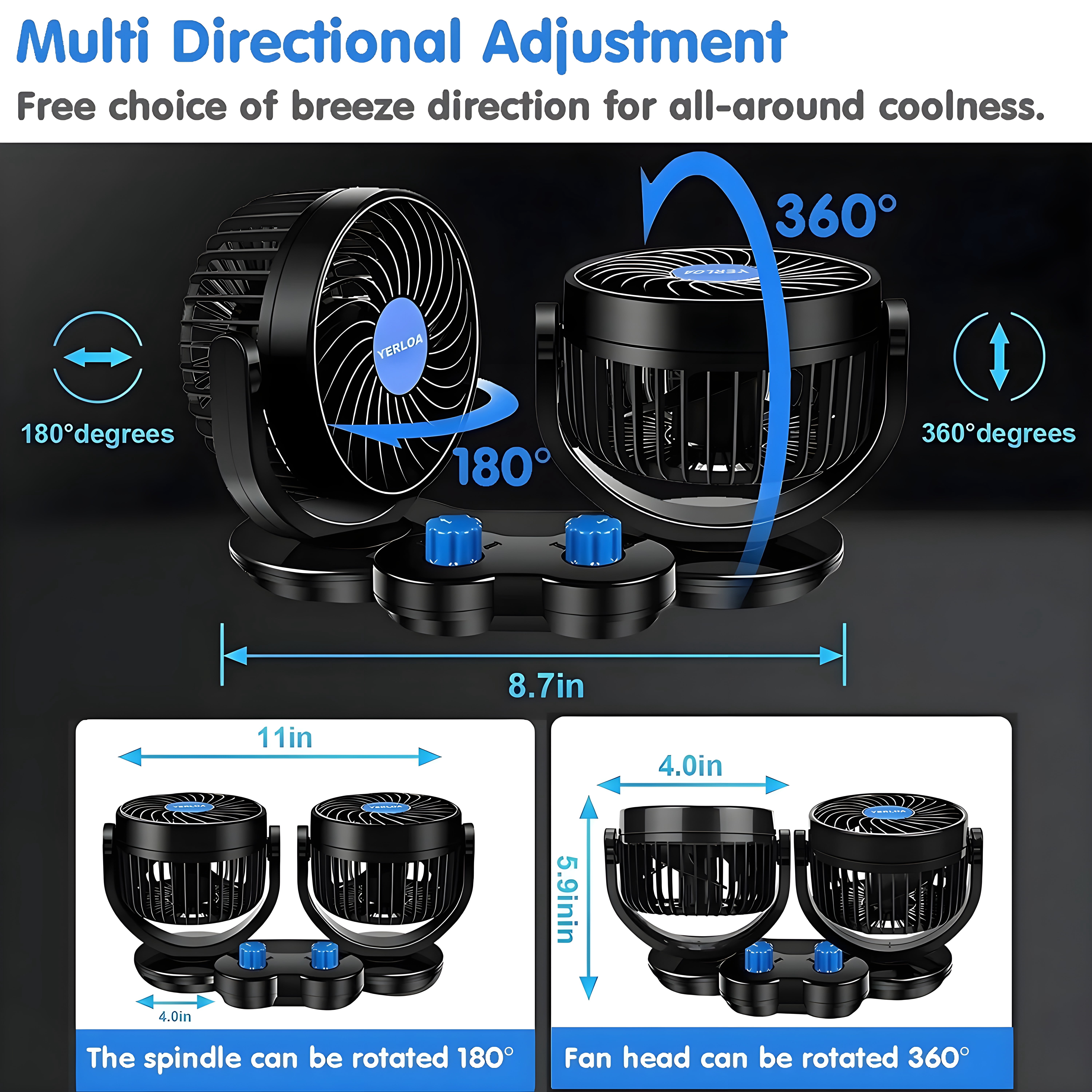 Yerloa Car Fan, 12 Volt Fans for Vehicles, 360 Degree Rotatable Car Fan Cooling Air Fan, Quiet Strong Dashboard Car Fans for Cooling Inside Car, Electric 2 Speed Dual Head Fan for SUV, RV, Vehicles