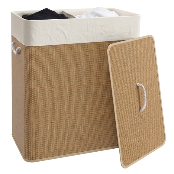 Double Laundry Basket with Lid, 26.4 Gallon Bamboo Hamper, 2 Compartments