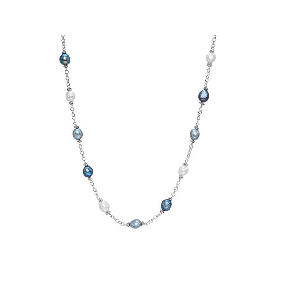 Women's Welry 9-10mm Black, Grey, & White Freshwater Pearl Color Crush Necklace in Sterling Silver, 18"