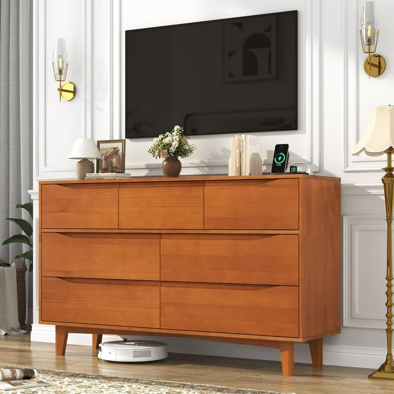 Blotout Solid Wood Dresser for Bedroom, 55"W x 33"H Mid Century Modern 7 Drawer Dresser with Charging Station, Handleless Wood Chest of Drawers for ... Blotout Solid Wood Dresser for Bedroom, 55"W x 33"H Mid Century Modern 7 Drawer Dresser with Charging Station, Handleless Wood Chest of Drawers for ...
