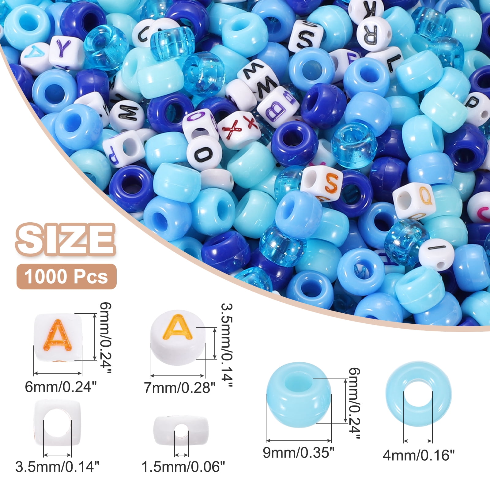 Uxcell 1000 Pcs Pony Beads 6 x 9 mm Acrylic Friendship Bracelet Making Kit with Letter Bead, Blue